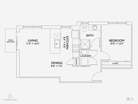 Floor plan for 1 bed, 1 bath, 700 sqft
